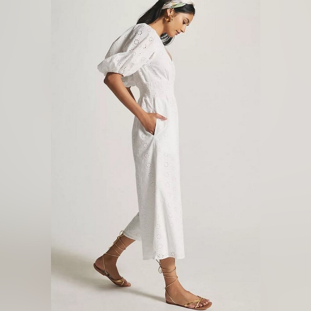 Anthropologie Hutch White Smocked-Waist Eyelet Jumpsuit Size L - Picture 2 of 15